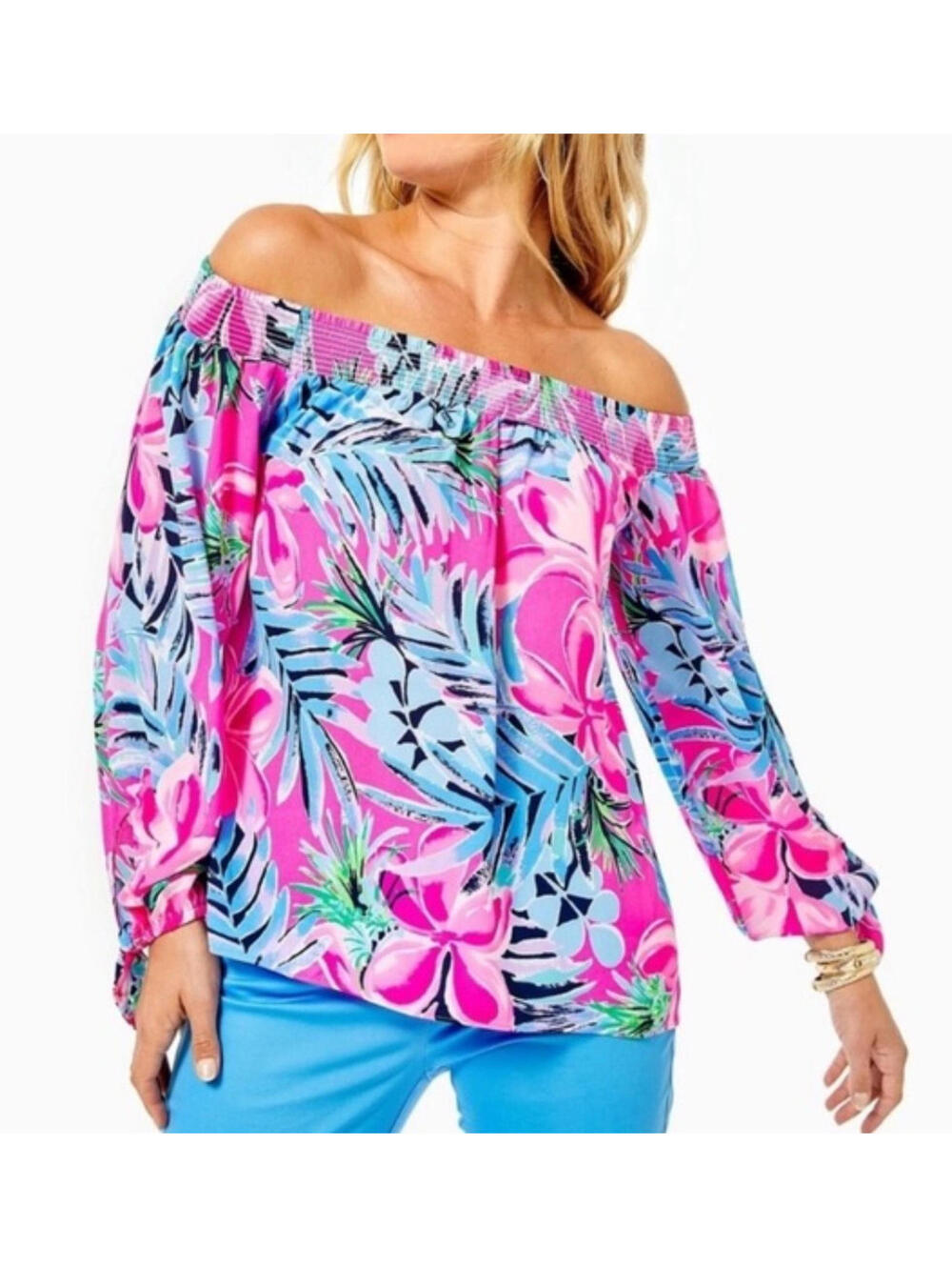 Lilly Pulitzer Blouse Womens Large Multicolor Off Shoulder Floral Tunic Top